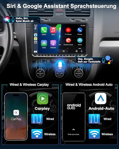 VW Autoradio mit Bildschirm 2+64GB für Golf 5 6 Polo T5 Passat Touran Seat Skoda, 2Din Bluetooth Auto Radio mit Navi DAB WLAN FM/AM, Apple Carplay, Android Auto, Lenkrad Strg,Android 14 (9 Zoll)