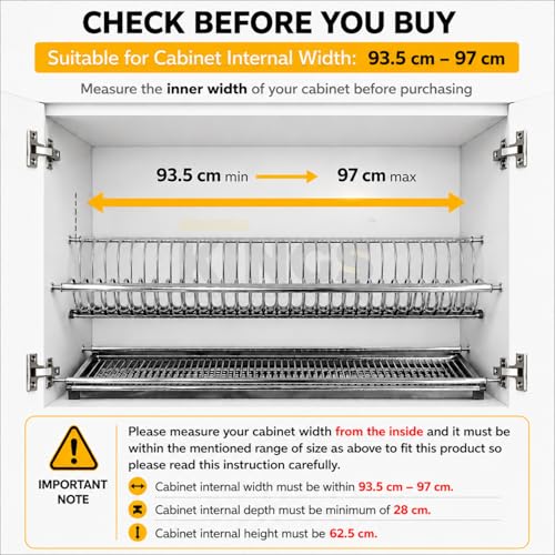 Image of KINGS Stainless Steel 2 Tier Dish Rack & Drainer | Strong, Rust Proof Utensil Stand with Drip Tray Pullout for Quick Drying | Suitable for Cabinet Internal Width 93.5cm to 97cm