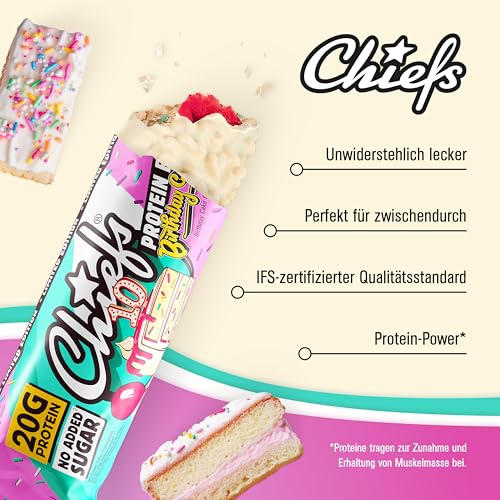 Chiefs High Protein Riegel - 20g Protein, der köstliche Snack ohne Zuckerzusatz - 12x55g Eiweißriegel ohne Palmöl - Birthday Cake Geschmack 4