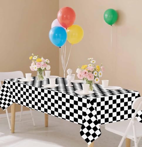Image of SietDESEO 3 Pack Checkered Tablecloth Plastic Rectangle 54 x 108 Black and White Checkered Flag Table Cloth Disposable Plaid Table Cover for Race Car Birthday Baby Shower Picnic Party Supplies