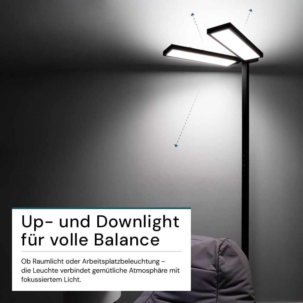 LUXULA LED Büro Stehlampe DUO, dimmbar, CRI>98 Vollspektrum, UGR<16 blendfrei, RG0 Blaulichtfilter, 4000K Neutralweiß, 120W, 8500 lm, schwarz - Arbeitsplatz Stehleuchte Deckenfluter
