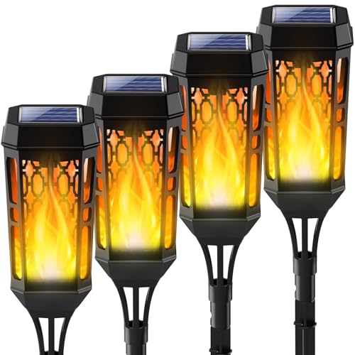 Solar Torch Flame Lights, LED Solar Lights Outdoor with Flickering Flame, IP65 Waterproof Solar Pathway Light Landscape Decoration Lighting for Garden Lawn Patio Yard Outdoor (Black, 4)