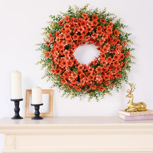 Image of 26 inch Large Artificial Silk Flower Eucalyptus Wreath for Outdoor(Fall Orange) | Large Silk Wreath, Faux Starry Sky Morning Glory Flowers&Eucalyptus Leaves, for Porch /Wall /Window /Farmhouse /Autumn Decoration