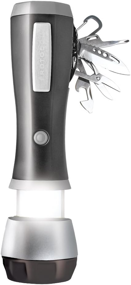 Protocol Flashlight Plus, Includes Flashlight, Lantern, Serrated Knife, Smooth Knife, Phillips Screwdriver, Slotted Screwdriver, can Opener, Bottle Opener, Scissors, Emergency flashers, Black, Large