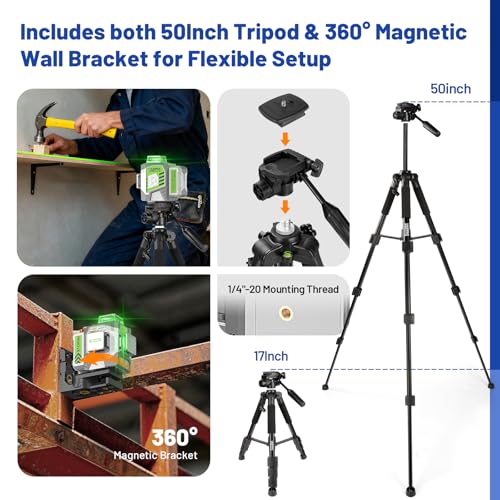 Image of Huepar Pro Laser Level 360 Self Leveling with 50inch Tripod, 3 x 360 High Brightness Green Laser Leveler Tool for Construction, Tile and Picture Hanging, Rechargeable Battery & Magnetic Bracket