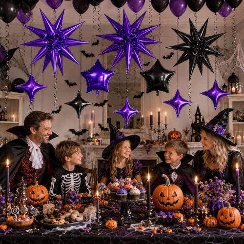 Image of Star Balloons Halloween Balloon Black Purple Explosion Stars Balloon | 22 /18 /10 In Metallic Purple Black Spike Stars Foil Balloon for Halloween Witch Themed Birthday Gradution Party Decorations