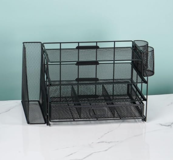 Organisateur de Bureau OPNICE Desk Organizers and Accessories, Desk Organizer with Drawer, 4-Tier Paper Tray Organizer with 2 Pen Holders + File Holder, Office Desk Accessories for Office Supplies(Ros