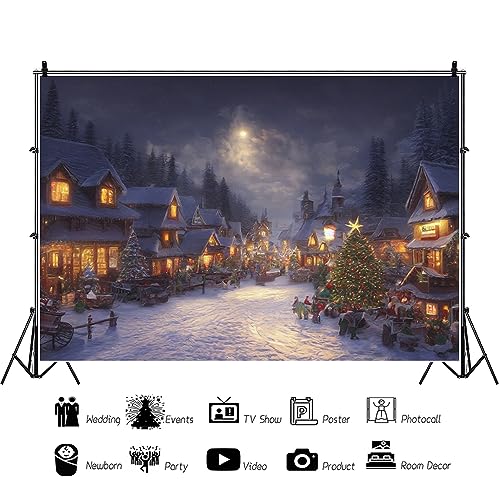 YongFoto 3x2m Christmas Backdrop Scene Fairy Winter Landscape Moon Village Snowfield Xmas Tree Colorful Photo Background for Xmas Eve Party Festival Home Poster Family Photography Supplies - Image 4