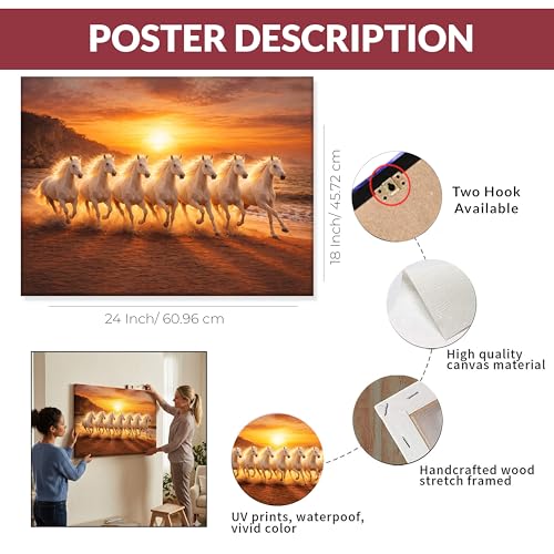 Image of Rousrie Big Size 7 Horses Vastu Frame Wall Art Painting, White Running Horses on Water, Rising Sun Wall Decor, Multicolor (45 cm x 60 cm)