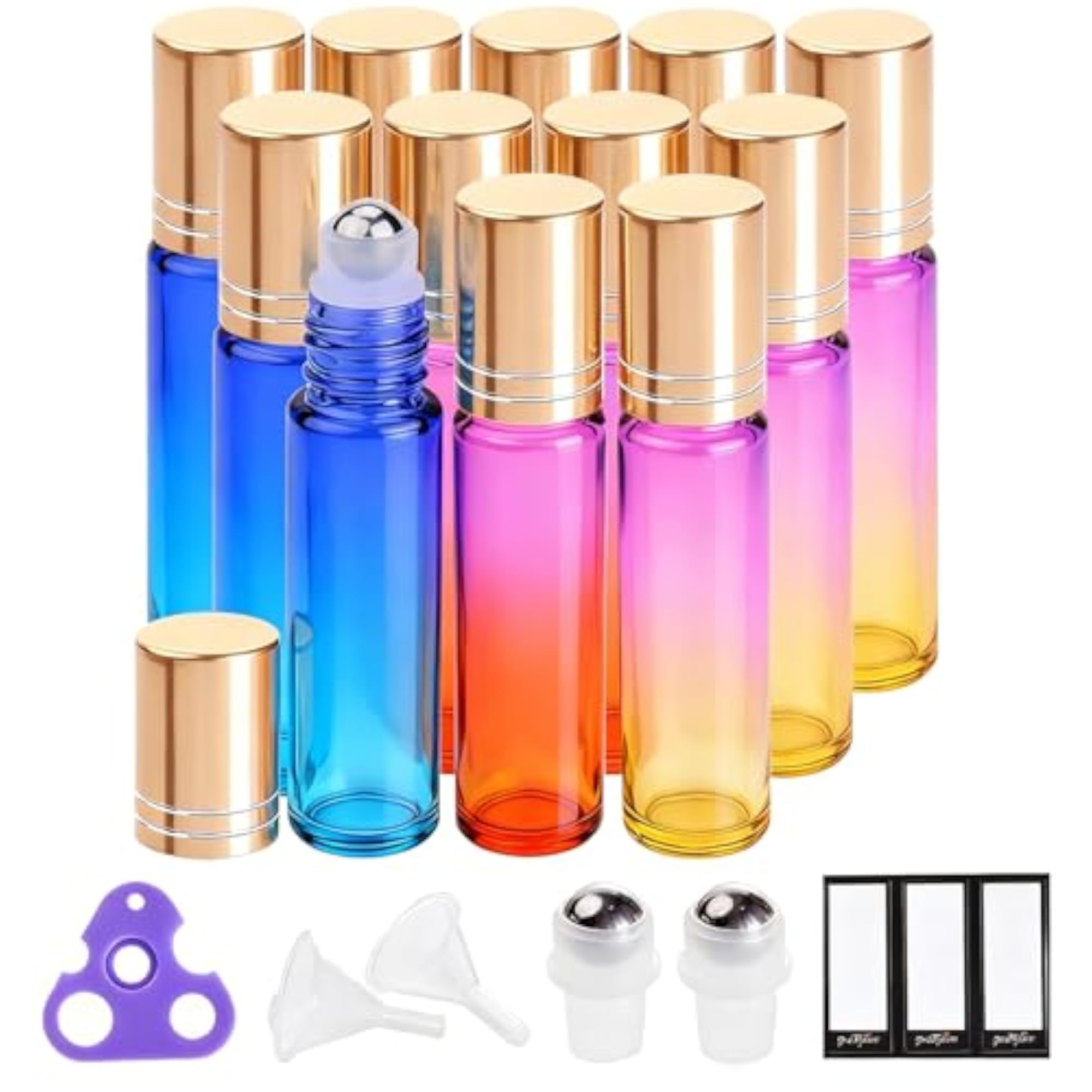 12 Pack Rainbow Color Glass Essential Oil Roller Bottles