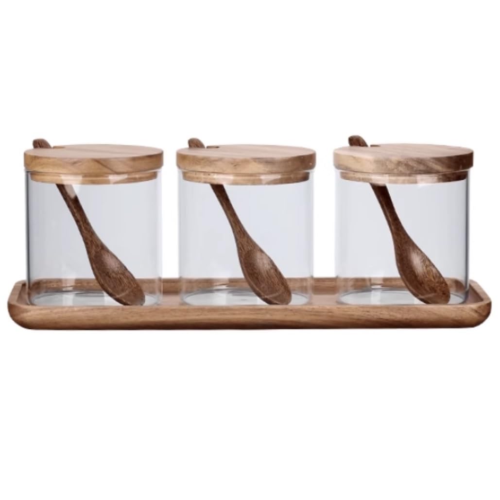 Botes para Condimentos, Juego De Botellas De Especias, Tarro De Vidrio para Condimentos, Salero De Cocina, Azucarero, Caja De Condimentos De Madera Especias para Condimentos