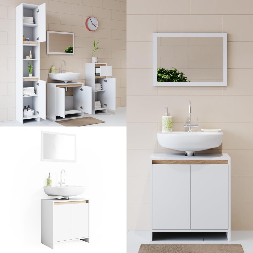 Vicco Set mobili bagno Emma, Bianco/Sonoma, 58 cm, composto da specchio da bagno e mobile sottolavabo