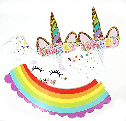 24 stuks eenhoorn-cupcake-toppers, cupcake-wrappers, glitter-eenhoorn, cupcake-toppers met wrapper, dubbelzijdige toppers, voor dessert, cake, decoraties voor verjaardag, bruiloft, babyshower - Image 6