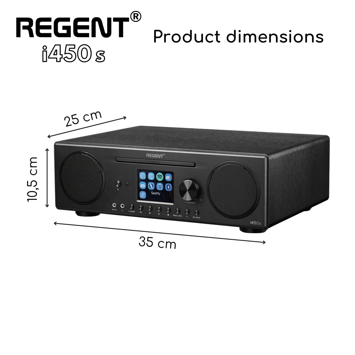 Głośnik REGENT i450s Spotify Connect DAB+ Radio internetowe Odtwarzacz CD Digital Home Stereo Hi-Fi Bluetooth FM 20, podwójny alarm i pilot Wejście AUX i USB (Czarne)