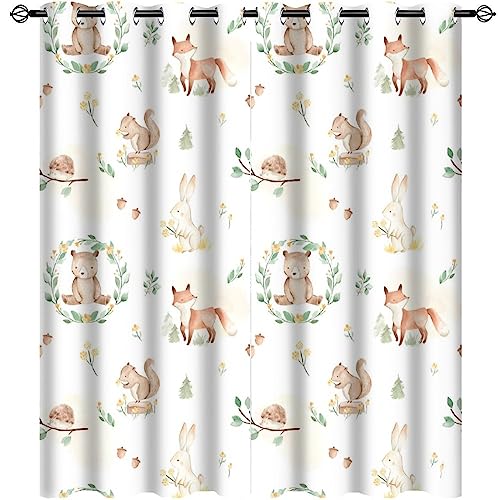 Cartoon Woodland Baby Animals Blackout Curtains for Bedroom,Watercolor Cute Forestry Wildlife Bear Squirrel Bunny Fox Grommet Thermal Insulated Room Darkening Curtains 63L x 27.5W,2 Panels