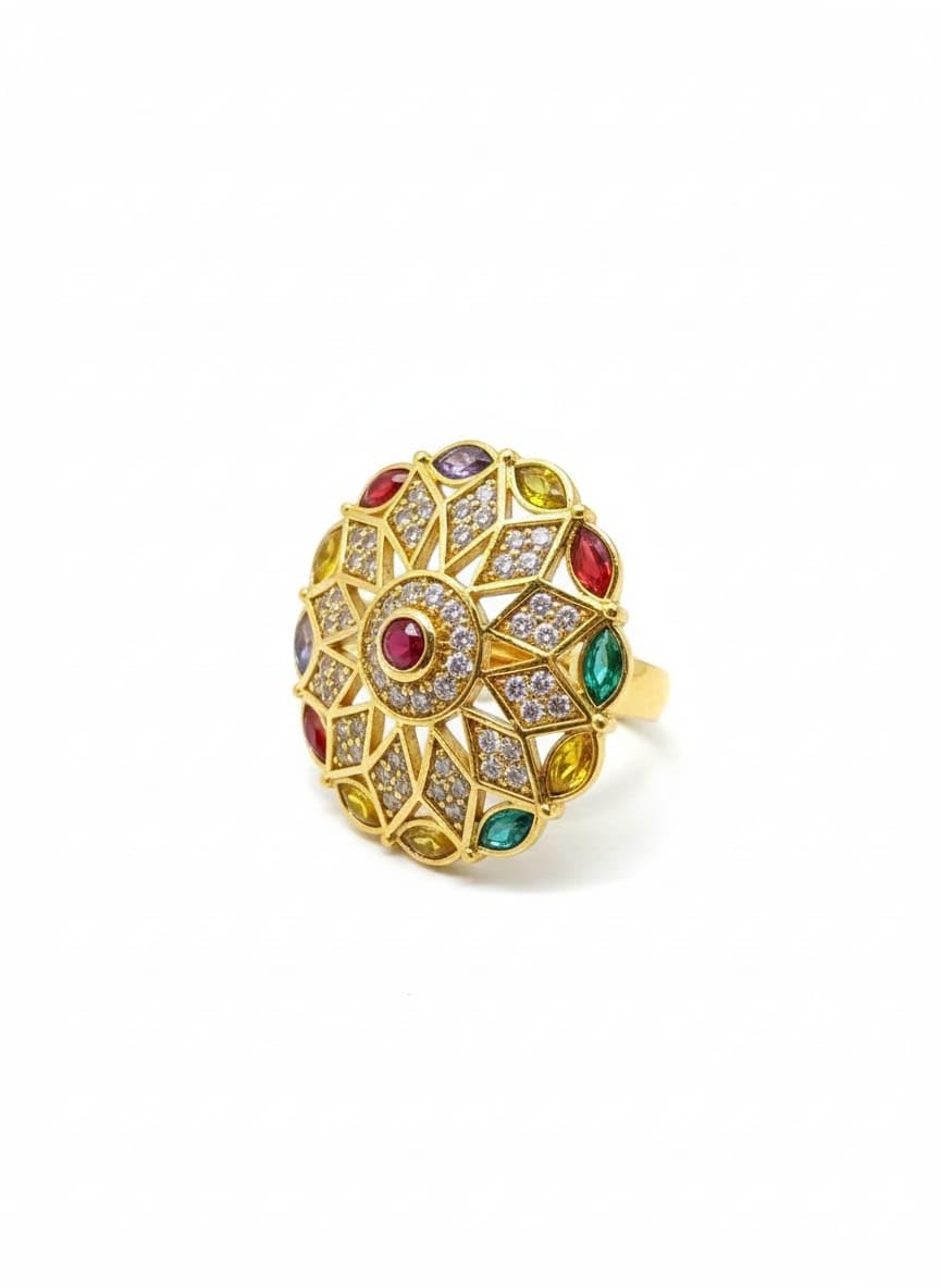 Traditional Gold Plated Alloy Cocktail Ring with Multicolor Gemstones for womans | Adjustable Designer Ring with Tiny Diamond-Style CZ Stones-image-41