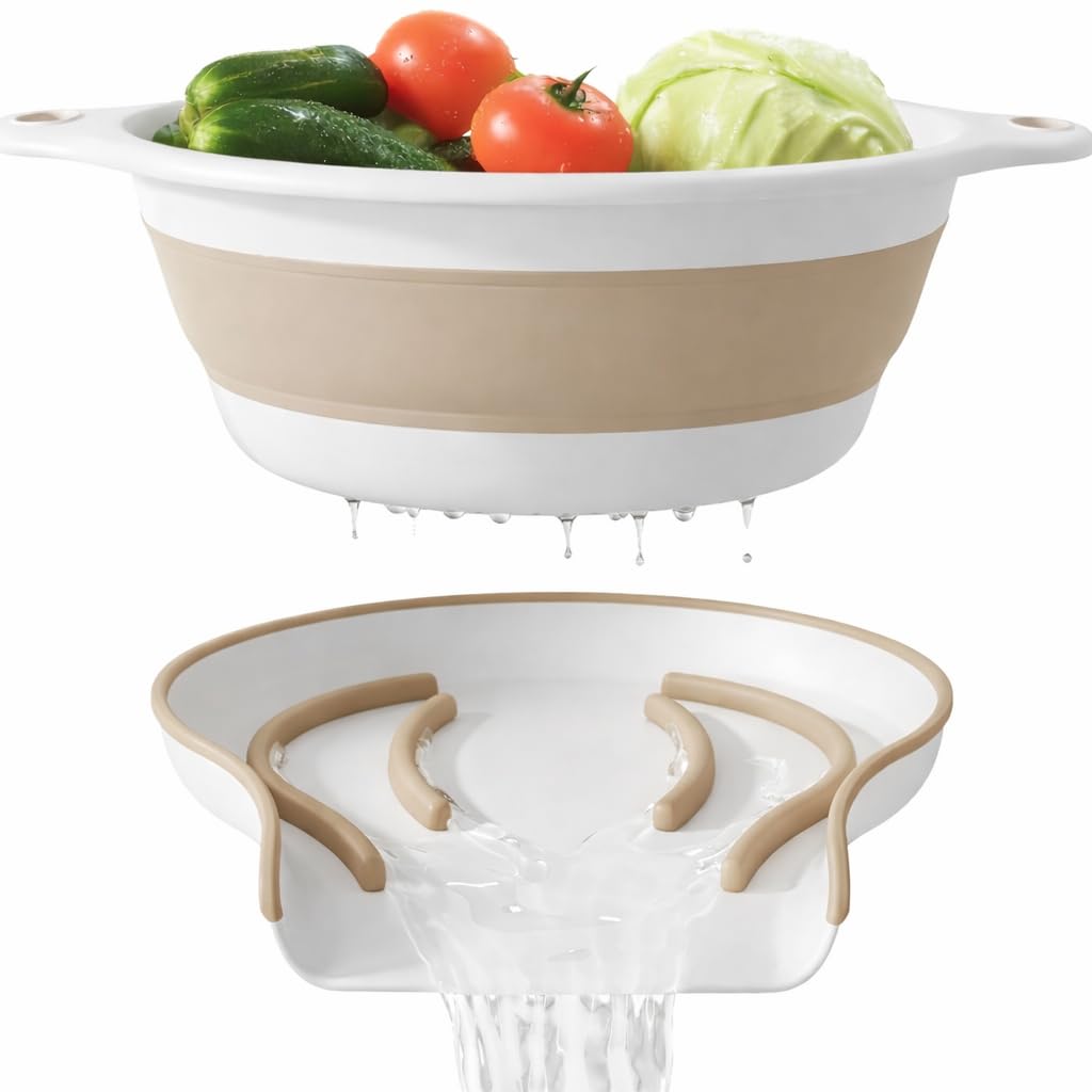 Gevoli 2-in-1 Large Collapsible Colander with Self-draining Base Set - Plastic Side Drain Food strainer for Edge of Kitchen Sink (Beige)