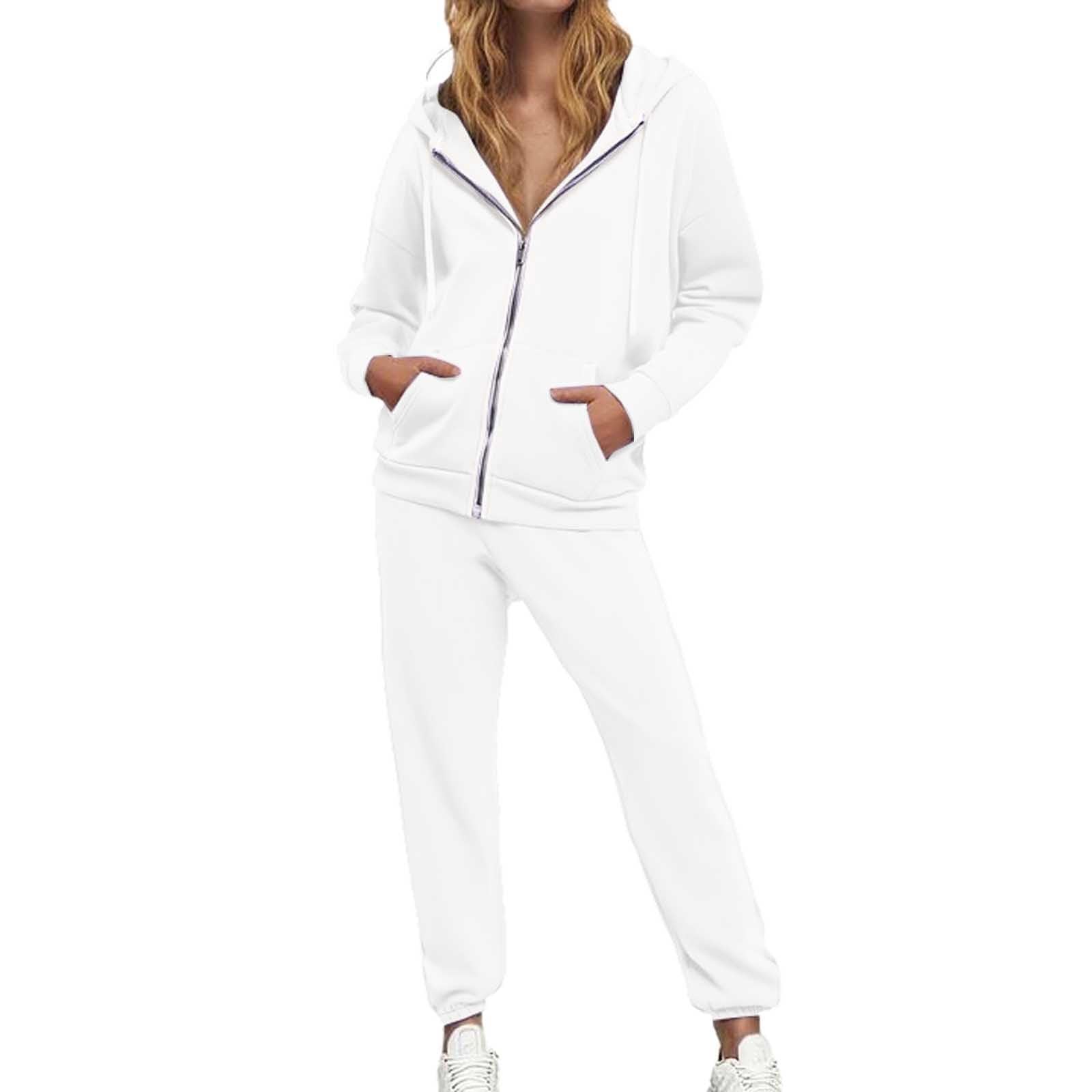 Generico Tuta da Donna Completo Sportiva Due Pezzi Felpa Donna con Cappuccio Maniche Lunghe con Tasche e Cerniera Pantaloni con Elastico in Vita Tute da Ginnastica Tinta Unita Completi