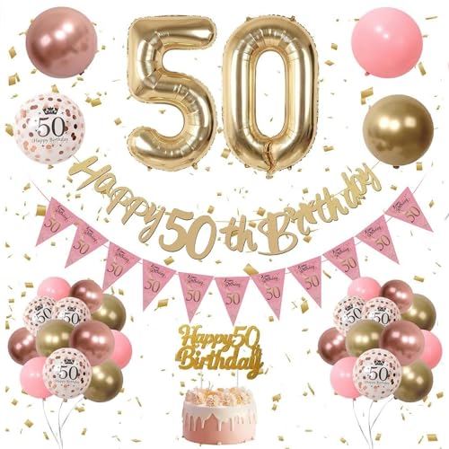 50th Birthday Decoration for Women - Gold Happy Birthday Banner Retro Pink Rose Gold Balloons Confetti Latex Balloons Cake Topper for Party Decorations