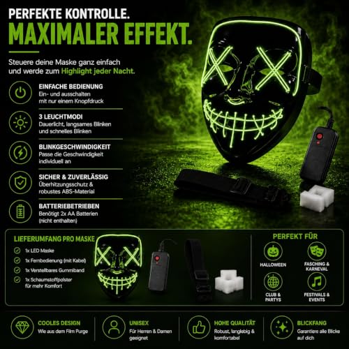 TK Gruppe Timo Klingler LED Grusel grün Maske - wie aus Purge steuerbar, leuchtend für Halloween… – Ansicht 3