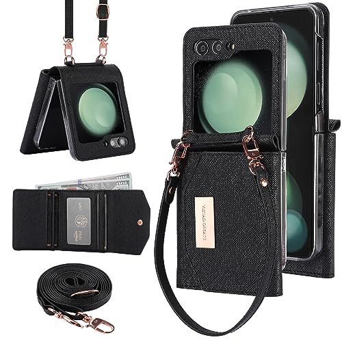 XIMAND for Samsung Galaxy Z Flip 5 Wallet Case with Built-in Leather Cash Slot and Credit Card Holder. Wristlet Strap and Hinge Protection, Carrying Handbag Phone Case for Women Ladies.(Black)