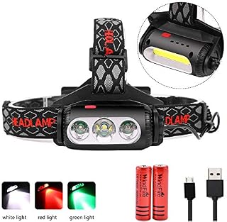 WINDFIRE Headlamp Rechargeable, COB T6 LED 360 Rotatable White/Red/Green Light Headlight Double Switch