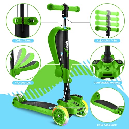 Image of Hurtle 3-Wheeled Scooter for Kids - Wheel LED Lights, Adjustable Lean-to-Steer Handlebar, and Foldable Seat - Sit or Stand Ride with Brake for Boys and Girls Ages 1-14 Years Old