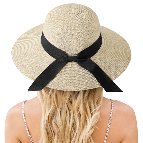 Image of Beach Hat for Women, Wide Brim Sun Straw Hats for Women, Sun Hat Womens UPF 50+ UV Protection, Floppy Foldable Summer Hats