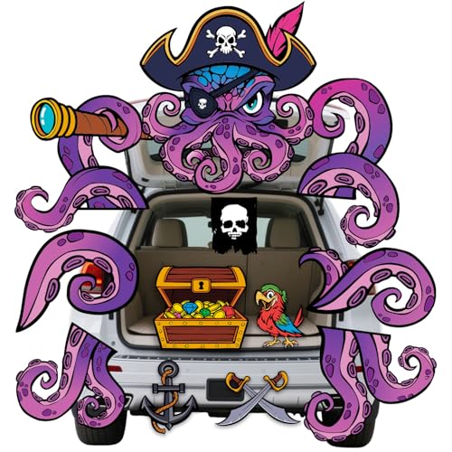 WeCraftool Pirate Trunk Or Treat Car Decorations Kit, Halloween Decorations for SUV Outdoor Indoor Octopus, Banner Archway Entryway Stickers Halloween Garage Door Décor
