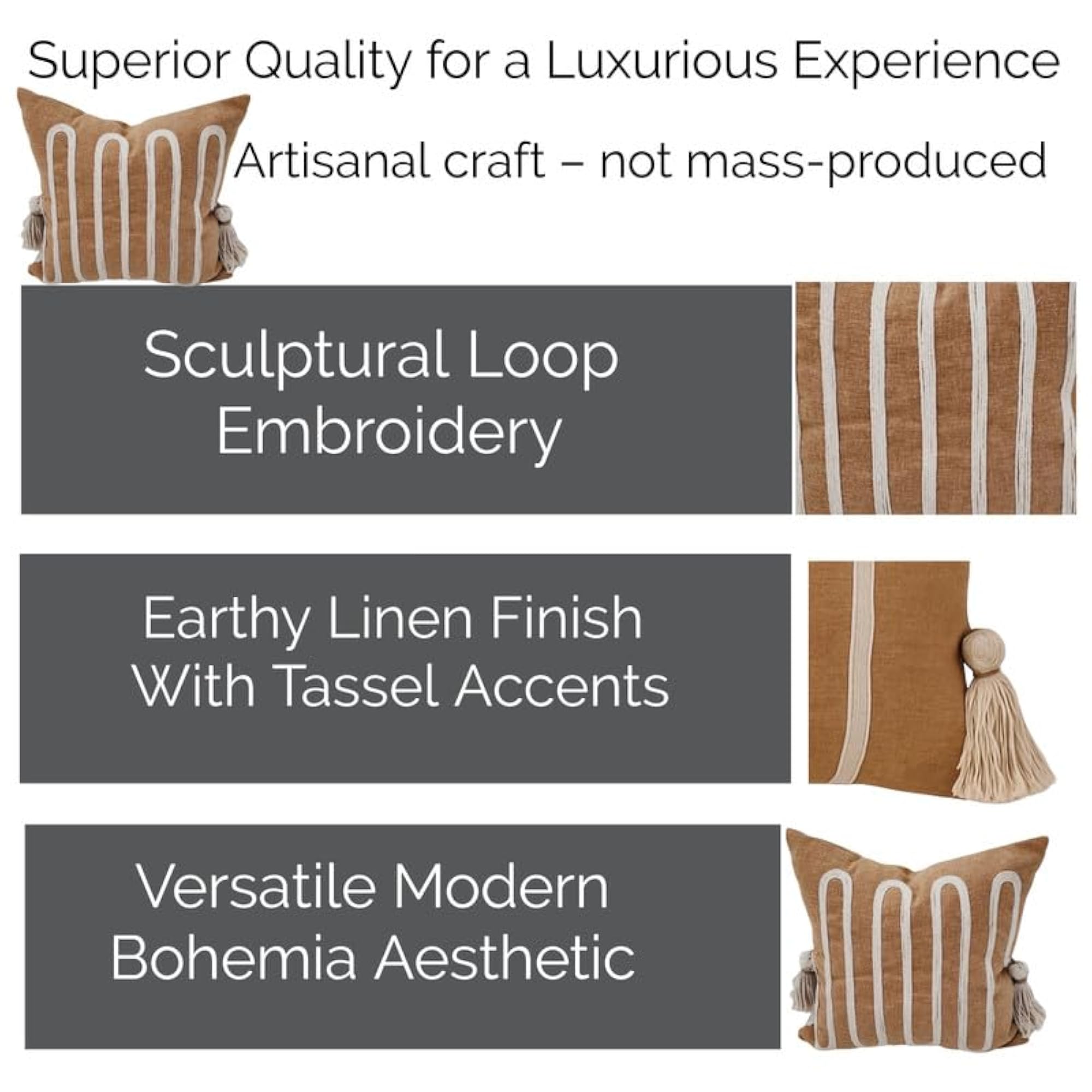 Brown Linen Threadwork Tassel Cushion Cover, Rustic Decor