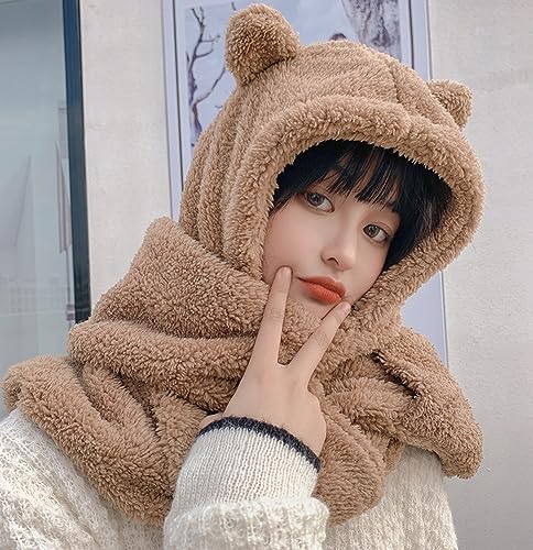 3 in 1 Womens Cute Winter Thick Warm Long Hooded Scarf with Mittens Soft Plush Hood Hat Scarf Animal Hat Scarf Mitten2