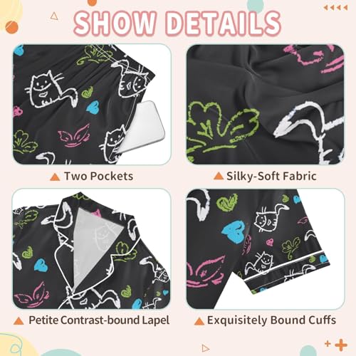 senya Pattern Cats Hearts Butterflies Satin Summer Pajama Sets Silk Short Sleeve Button Down Sleepwear3
