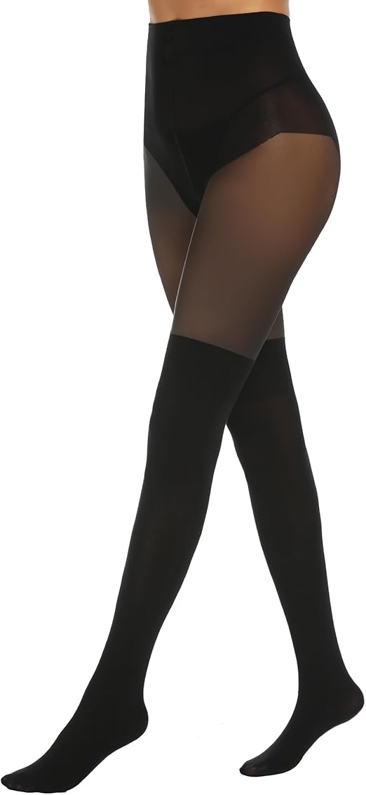 MANZI Womens Faux Thigh High Stockings Black Opaque Tights Stitching Sheer Pantyhose Mock Over the Knee Goth Tights Run Resistant Nylons