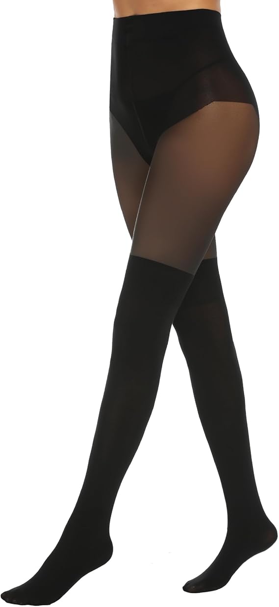 MANZI Womens Faux Thigh High Stockings Black Opaque Tights Stitching Sheer Pantyhose Mock Over the Knee Goth Tights Run Resistant Nylons