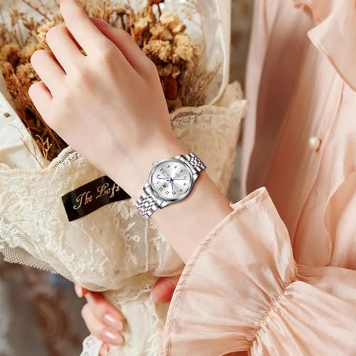 OLEVS Silver Stainless Steel Womens Watch, Classic Roman Numerals Day Date Watches for Women, Luxury Diamond Analog Quartz Ladies Watch - Image 3