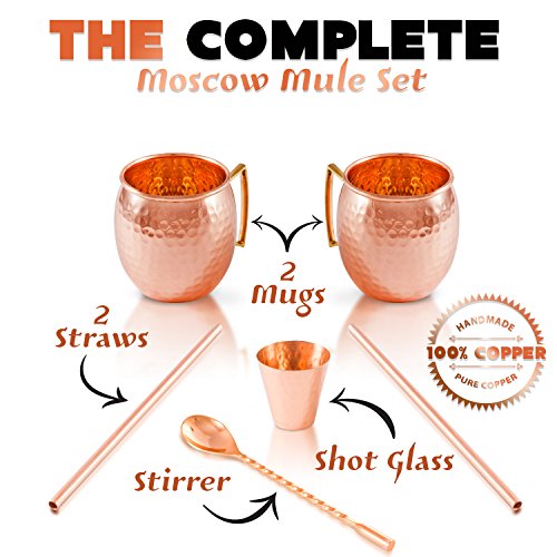 Copper-Bar Moscow Mule Copper Mugs - Set Of 2-100% Handcrafted Pure Solid Copper Mugs - 16 Oz, Gift Set + Cocktail Copper Straws, Copper Shot Glass & Copper Stirrer #TOP4