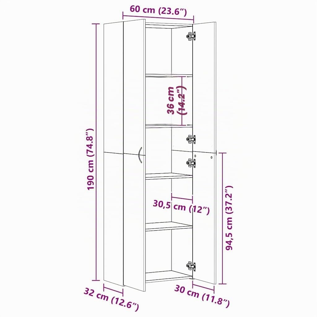 vidaXL Armario Oficina de Contrachapada Mobiliario Archivador Diseño Elegante Estilo Minimalista Clasificación Organizada Archivos Negro 60x32x190cm