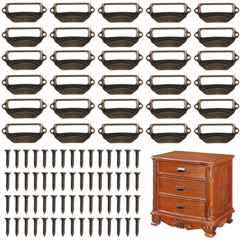 30 Piezas Soporte de Etiqueta de Cajon, Portaetiquetas Antiguas Marco de Metal para Etiquetas, Tiradores de Etiquetas para Armarios, Armario de Botica, Estantes, Cajones, Bodegas, Bronce (70x 30mm)