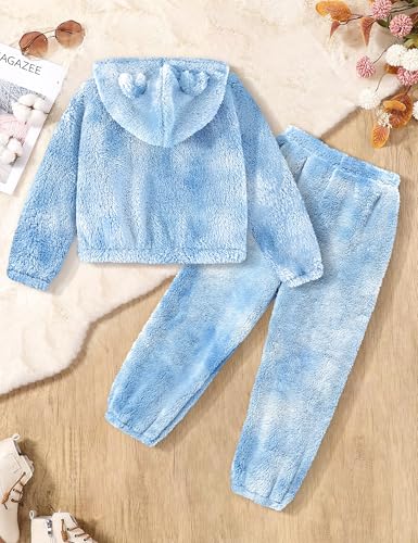 Image of Shallmu Girls Fuzzy Bear Ear Plaid Hoodie Pullover Sweatshirt with Pocket Sweatpants Fall Winter 2 Piece Outfits