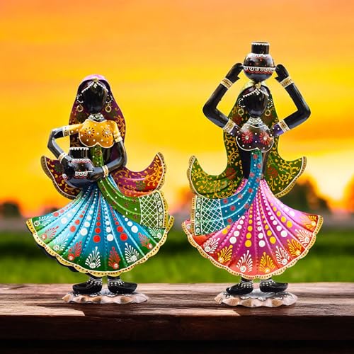 Image of KRAFTSKALA Handcrafted Rajasthani Ethnic Village Girl Dolls Figurine - Set of 2 | Vibrant 16 inch Metal Showpiece for Home Decor | Ideal Gift for Housewarming, Weddings, Diwali