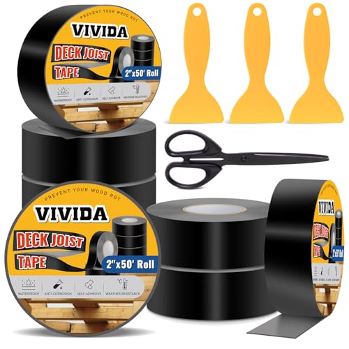 Image of VIVIDA Butyl Joist Tape for Decking 2 inch x 50' (8 Roll), Waterproof Deck Joist Butyl Sealant Tape for Wood Beams, Roof