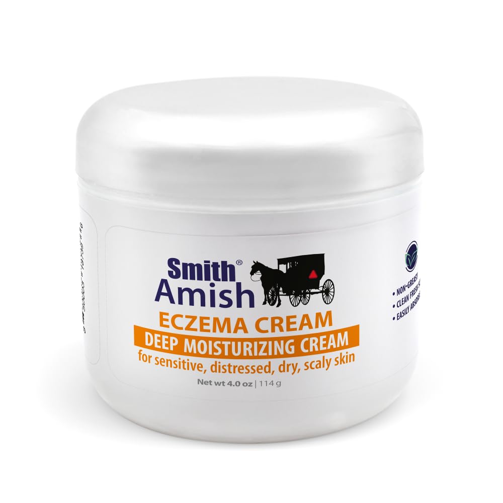 Smith Amish Eczema deep Moisturizing Cream for sensitive, distressed, dry, scaly skin, with Colloidal Oatmeal and Vitamin B5. 4 oz jar. Smith Amish Eczema deep Moisturizing Cream for sensitive, distressed, dry, scaly skin, with Colloidal Oatmeal and Vitamin B5. 4 oz jar.