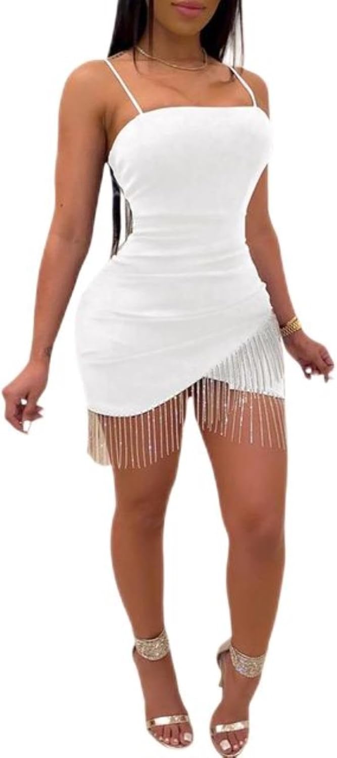 SHANHE Femmes Sexy Mode Moulante Glands Soirée Bal Nouveau en Robe Club Bandage Court Mini Vêtements pour Femmes Robes-Blanc, XL