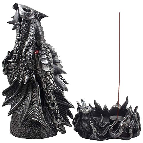 Mythical Fire Breathing Dragon Incense Holder & Burner Combo Statue for Sticks or Cones with Decorative Display Stand of Flames As Gothic Home Decor Aromatherapy Sculptures and Medieval Fantasy Gifts