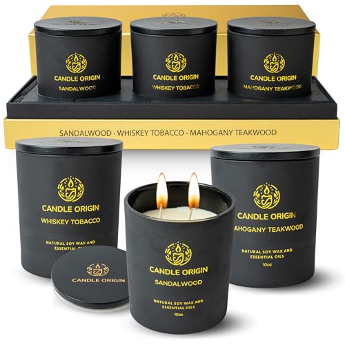 Image of Luxury Candles for Men Gift Set (3x10oz) Masculine Scented Candles | Mahogany Teakwood, Whiskey Tobacco, Sandalwood - Long Lasting Soy Candles for Home, Man Cave Decor, Gifts for Him