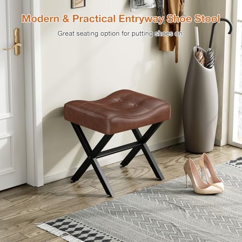 Image of Memobarco 18-Inch Large Leather Vanity Stool, Vanity Chair with Metal X-Leg, Ottoman Accent Stool with Thick Padded Saddle Seat, Dark Brown