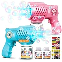 Tecnock 2er-Pack Seifenblasenpistolen für Kinder, automatisch, mit LED-Licht und 10 Düsen, 8 AA-Batterien inklusive, 3 Flaschen Seifenblasenlösung & 10 Nachfüllpacks, leicht, auslaufsarm
