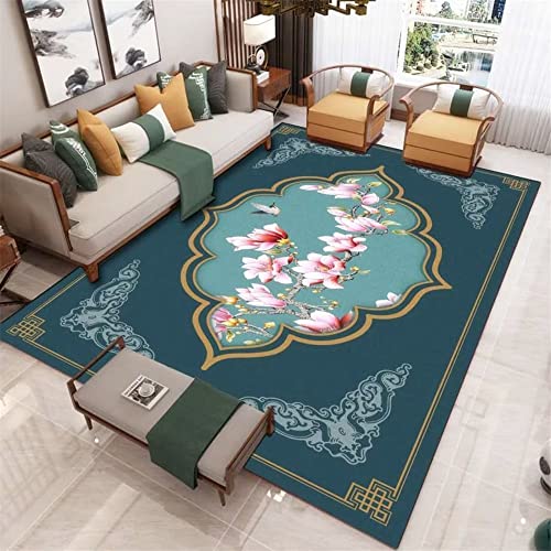 Tapis de salon bleu rétro géométrique grand format aux finitions soignées - 2