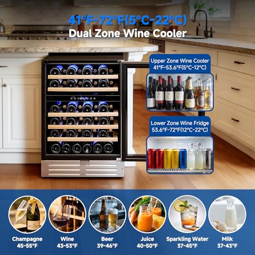 Image of BODEGA 24 Inch Wine Fridge, 46 Bottle Dual Zone Wine Cooler, 41-72℉ Compressor Wine Refrigerator with Tempered Glass Door, Built-in or Freestanding Wine Cooler for Home Kitchen Bar (5.3 cu.ft).