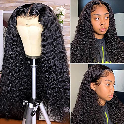Deep Wave Lace Front Wigs Human Hair 13X4 Deep Curly Wave HD Transparent Lace Frontal Wigs for Black Women 150% Density Pre Plucked with Baby Hair (18 Inch)